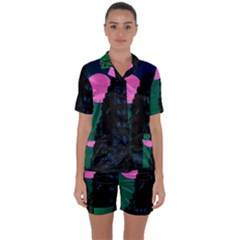 Vaporwave Old Moon Over Nyc Satin Short Sleeve Pajamas Set by WetdryvacsLair