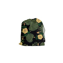 Tropical Vintage Yellow Hibiscus Floral Green Leaves Seamless Pattern Black Background  Drawstring Pouch (xs) by Sobalvarro
