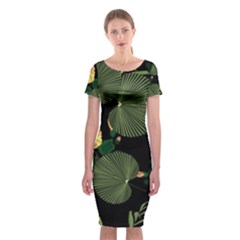 Tropical Vintage Yellow Hibiscus Floral Green Leaves Seamless Pattern Black Background  Classic Short Sleeve Midi Dress by Sobalvarro