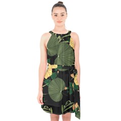 Tropical Vintage Yellow Hibiscus Floral Green Leaves Seamless Pattern Black Background  Halter Collar Waist Tie Chiffon Dress by Sobalvarro