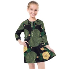 Tropical Vintage Yellow Hibiscus Floral Green Leaves Seamless Pattern Black Background  Kids  Quarter Sleeve Shirt Dress by Sobalvarro