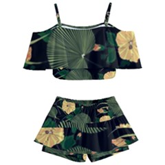 Tropical Vintage Yellow Hibiscus Floral Green Leaves Seamless Pattern Black Background  Kids  Off Shoulder Skirt Bikini by Sobalvarro