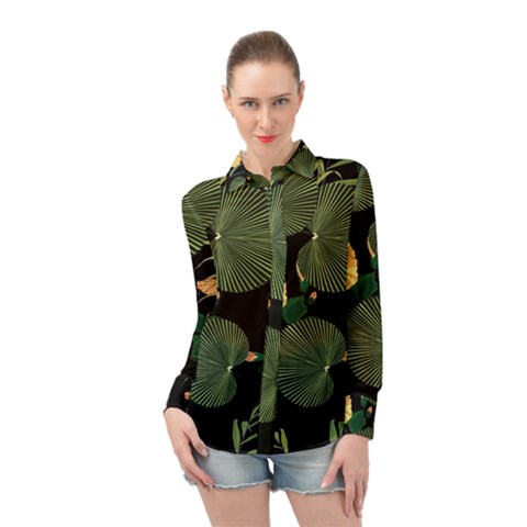 Tropical Vintage Yellow Hibiscus Floral Green Leaves Seamless Pattern Black Background  Long Sleeve Chiffon Shirt by Sobalvarro