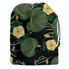Tropical Vintage Yellow Hibiscus Floral Green Leaves Seamless Pattern Black Background  Drawstring Pouch (3xl) by Sobalvarro