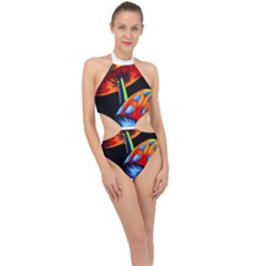 Mushroom Painting  Halter Side Cut Swimsuit by AstralArtistV