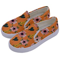 Flower Orange Pattern Floral Kids  Canvas Slip Ons by Dutashop