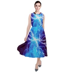 Blue Lightning Thunder At Night, Graphic Art 3 Round Neck Boho Dress by picsaspassion