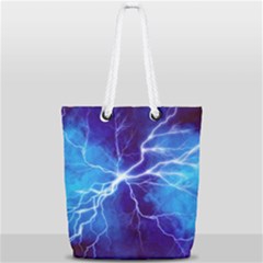 Blue Thunder Lightning At Night, Graphic Art Full Print Rope Handle Tote (small) by picsaspassion