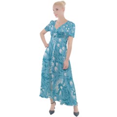 Blue White Flowers Button Up Short Sleeve Maxi Dress by Eskimos