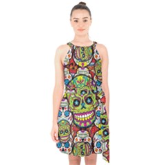 Sugar Skulls Halter Collar Waist Tie Chiffon Dress by ExtraAwesomeSauce