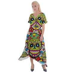 Sugar Skulls Cross Front Sharkbite Hem Maxi Dress by ExtraAwesomeSauce