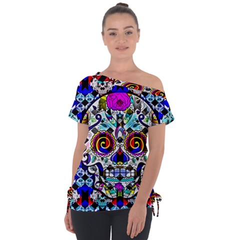 Sugar Skull Pattern 2 Off Shoulder Tie-up Tee by ExtraAwesomeSauce