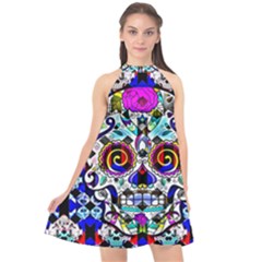 Sugar Skull Pattern 2 Halter Neckline Chiffon Dress  by ExtraAwesomeSauce