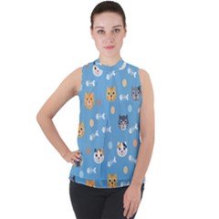 Cute Cat Pattern Mock Neck Chiffon Sleeveless Top by ExtraAwesomeSauce