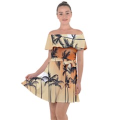 Sunset Palm Trees Beach Summer Off Shoulder Velour Dress by ExtraAwesomeSauce