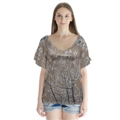 Linear Textured Botanical Motif Design V-neck Flutter Sleeve Top by dflcprintsclothing