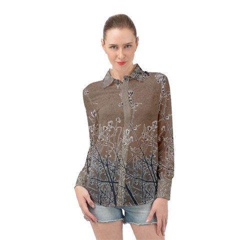 Linear Textured Botanical Motif Design Long Sleeve Chiffon Shirt by dflcprintsclothing