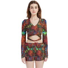 Boho Hippie Trippy Floral Pattern Velvet Wrap Crop Top And Shorts Set by CrypticFragmentsDesign