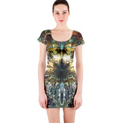 Multicolor Floral Art Copper Patina  Short Sleeve Bodycon Dress by CrypticFragmentsDesign