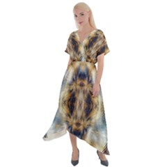 Retro Hippie Vibe Psychedelic Silver Cross Front Sharkbite Hem Maxi Dress by CrypticFragmentsDesign