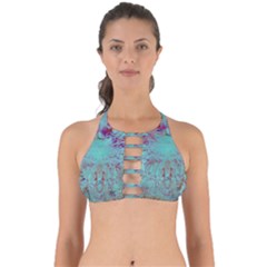 Retro Hippie Abstract Floral Blue Violet Perfectly Cut Out Bikini Top by CrypticFragmentsDesign