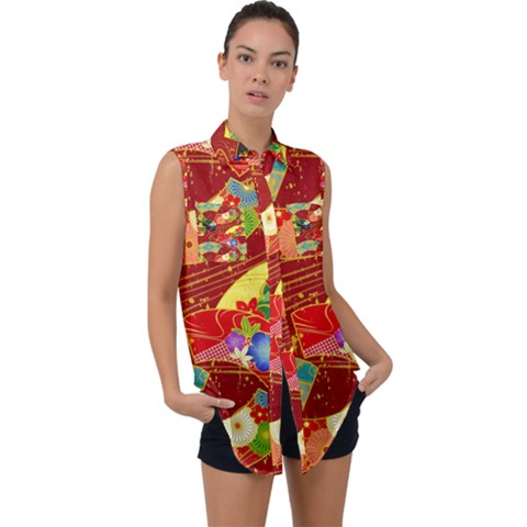 Floral Abstract Sleeveless Chiffon Button Shirt by icarusismartdesigns