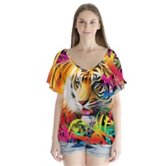 Tiger In The Jungle V-neck Flutter Sleeve Top by icarusismartdesigns