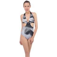 Black And White Snake Halter Front Plunge Swimsuit by ExtraAwesomeSauce