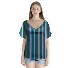 Multicolored Stripes On Blue V-neck Flutter Sleeve Top by SychEva