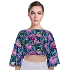 Pink Peonies Watercolor Tie Back Butterfly Sleeve Chiffon Top by SychEva