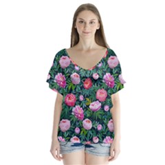 Delicate Watercolor Peony V-neck Flutter Sleeve Top by SychEva