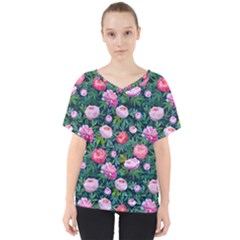 Delicate Watercolor Peony V-neck Dolman Drape Top by SychEva