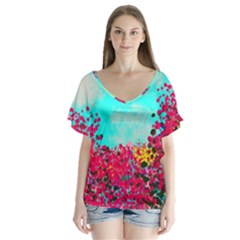 Flowers V-neck Flutter Sleeve Top by LW323