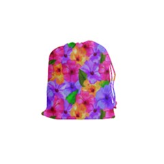 Watercolor Flowers  Multi-colored Bright Flowers Drawstring Pouch (small) by SychEva