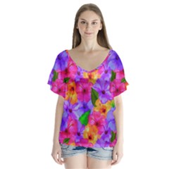 Watercolor Flowers  Multi-colored Bright Flowers V-neck Flutter Sleeve Top by SychEva