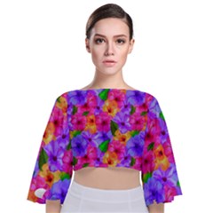 Watercolor Flowers  Multi-colored Bright Flowers Tie Back Butterfly Sleeve Chiffon Top by SychEva