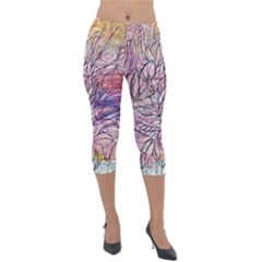 Mixed Media Leaves Lightweight Velour Capri Leggings  by kaleidomarblingart