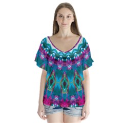 Peacock V-neck Flutter Sleeve Top by LW323