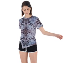 Turquoise Black Arabesque Repeats Asymmetrical Short Sleeve Sports Tee by kaleidomarblingart