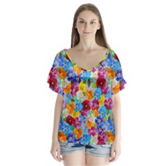 Pansies  Watercolor Flowers V-neck Flutter Sleeve Top by SychEva