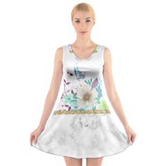 Minimal Gold Floral Marble V-neck Sleeveless Dress by gloriasanchez