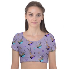 Japanese Ramen Sushi Noodles Rice Bowl Food Pattern Velvet Short Sleeve Crop Top  by DinzDas