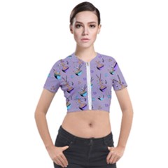 Japanese Ramen Sushi Noodles Rice Bowl Food Pattern Short Sleeve Cropped Jacket by DinzDas