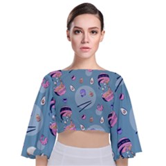Japanese Ramen Sushi Noodles Rice Bowl Food Pattern 2 Tie Back Butterfly Sleeve Chiffon Top by DinzDas