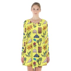 Tropical Island Tiki Parrots, Mask And Palm Trees Long Sleeve Velvet V-neck Dress by DinzDas