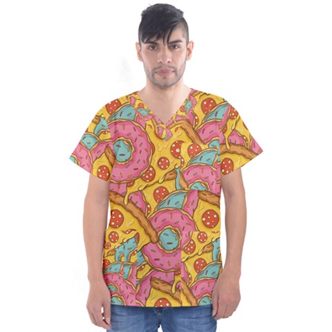 Fast Food Pizza And Donut Pattern Men s V-neck Scrub Top by DinzDas