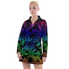 Weed Rainbow, Ganja Leafs Pattern In Colors, 420 Marihujana Theme Women s Long Sleeve Casual Dress by Casemiro