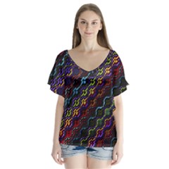 Dark Multicolored Mosaic Pattern V-neck Flutter Sleeve Top by dflcprintsclothing