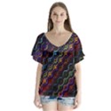 Dark Multicolored Mosaic Pattern V-Neck Flutter Sleeve Top View1