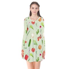 Seamless Pattern With Vegetables  Delicious Vegetables Long Sleeve V-neck Flare Dress by SychEva